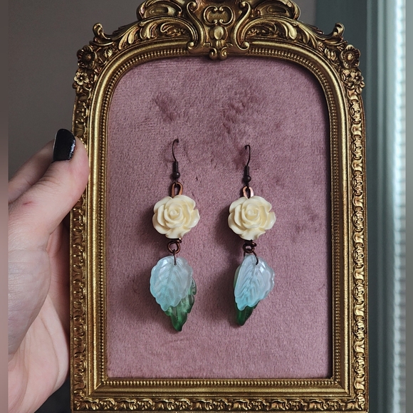 Elegant Cream Rose and Green Leaf Earrings - Picture 2 of 7